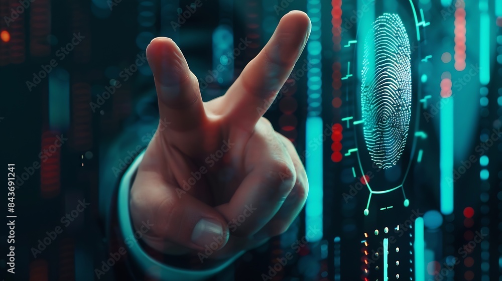 Poster Businessman and fingerprint scanning unlock and access to business data network Cloud Biometric identification and cyber security protect business transaction from online digital cyber : Generative AI