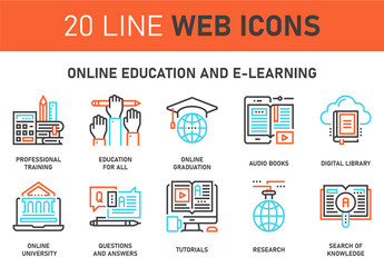 Vector set of online education and e-learning line web icons. Each icon with adjustable strokes neatly designed on pixel perfect 64X64 size grid. Fully editable and easy to use. - Powered by Adobe