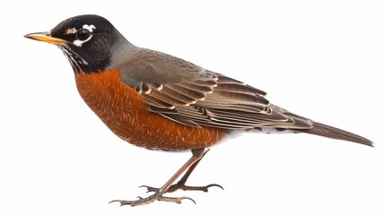 Obraz premium American robin perched on a white background, showcasing its vibrant feathers and intricate details with a sense of freedom and solitude in nature