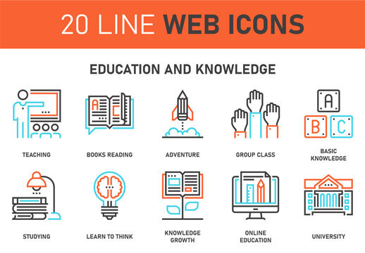 Vector set of education and knowledge line web icons. Each icon with adjustable strokes neatly designed on pixel perfect 64X64 size grid. Fully editable and easy to use.