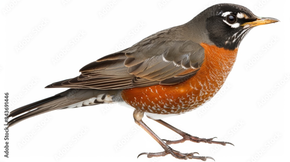Poster elegant american robin posing against a clean white backdrop, displaying a beautiful array of colors