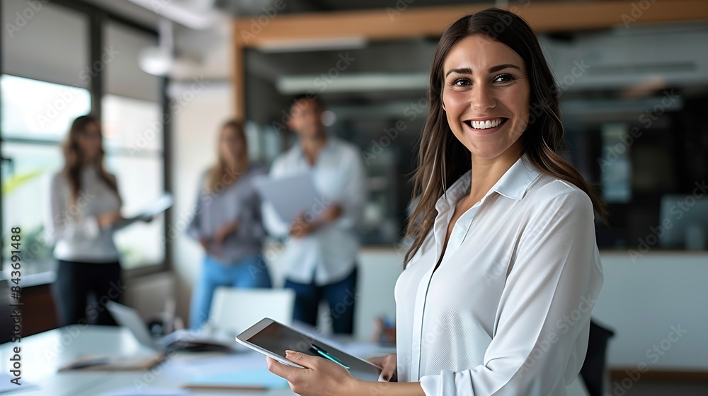 Aufkleber smiling confident business leader looking at camera and standing in an office at team meeting portra