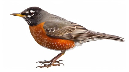 Obraz premium Peaceful american robin with colorful feathers stands alert and curious against a white backdrop, gazing to the right