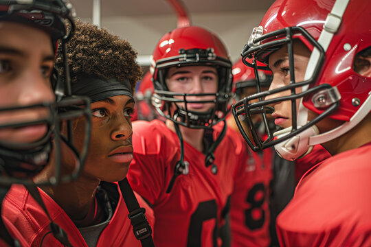 High school teenage boys on a football team getting ready for a game in the locker room, putting on their uniforms and protective gear