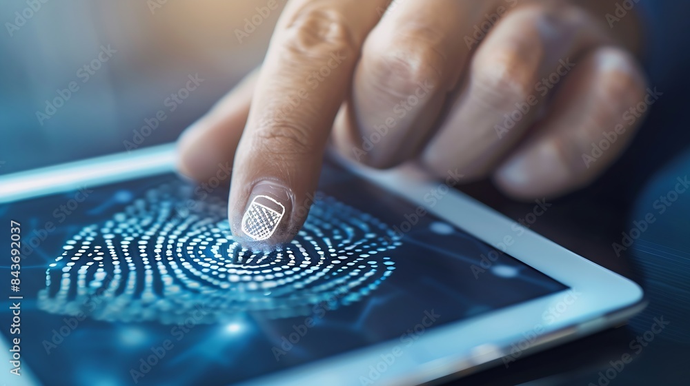 Poster Businessman using tablet and fingerprint scanning unlock and access to business data network Biometric identification and cyber security protect business transaction from online digita : Generative AI