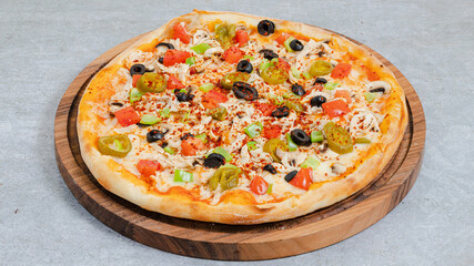 Delicious pizza isolated on wooden board