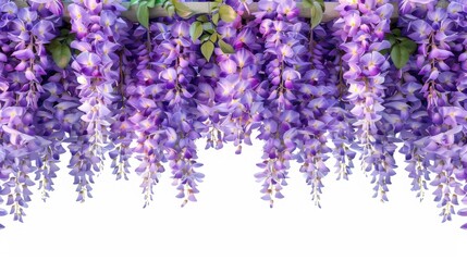 Obraz premium Beautiful hanging purple wisteria flowers in full bloom, creating a stunning backdrop with lush greenery. Vibrant and fragrant springtime display.