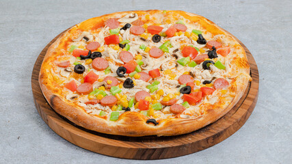 Delicious pizza isolated on wooden board