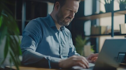 Businessman using laptop computer in office Happy middle aged man entrepreneur small business owner working online : Generative AI