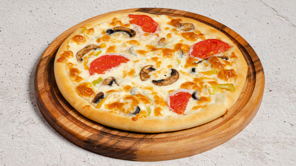 Delicious pizza isolated on wooden board