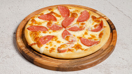 Delicious pizza isolated on wooden board