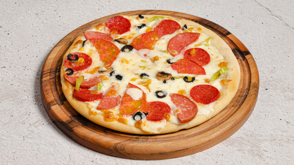 Delicious pizza isolated on wooden board