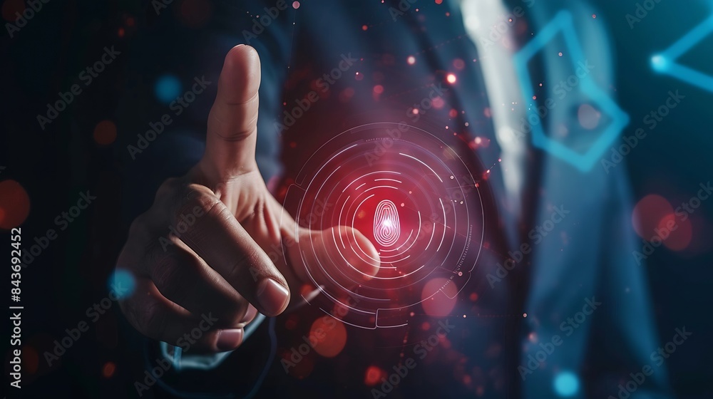 Poster Businessman using fingerprint indentification to access personal financial data biometrics security innovation technology against digital cybercrimeidentification and security scanning : Generative AI