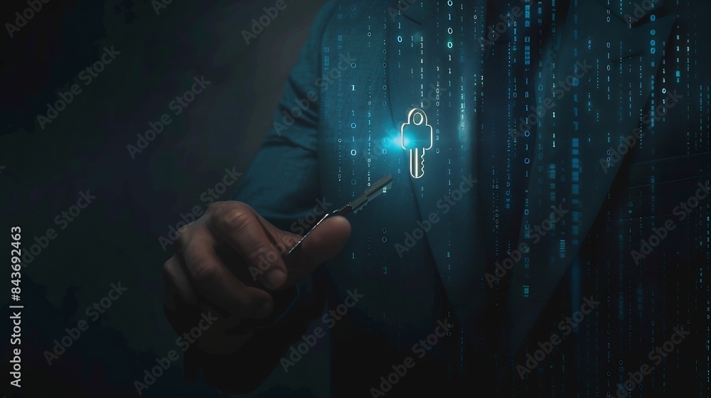 Fototapete businessman giving virtual master key with binary number code for identity and access password techn