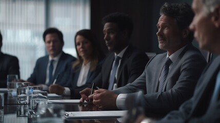 Obraz premium Male mature caucasian ceo businessman leader with diverse coworkers team executive managers group at meeting Multicultural professional businesspeople working together on research plan : Generative AI
