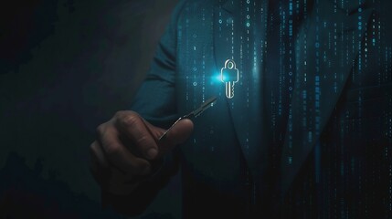 Businessman giving virtual master key with binary number code for identity and access password technology security system and prevent hacker concept : Generative AI