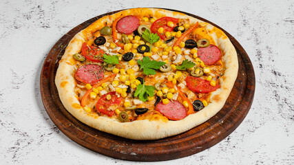 Delicious pizza isolated on wooden board