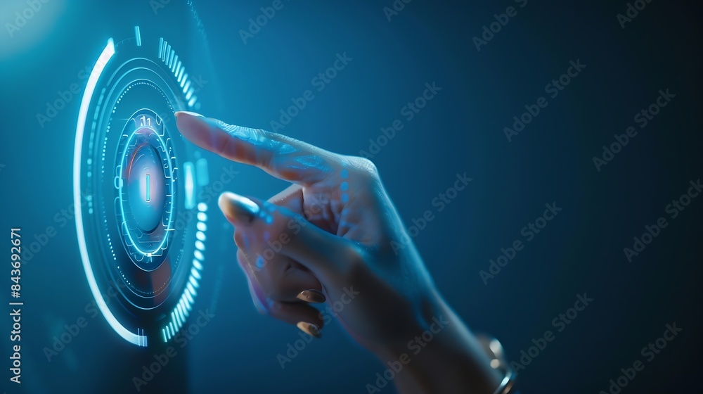 Poster Studio press and woman with finger on choice with technology button or password access on app Hand biometric security system and vote selection decision or user experience on blue back : Generative AI