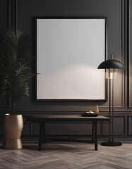 Black room with wooden floor and lamp, featuring a black wooden frame poster mockup.