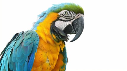 Blue and yellow macaw parrot posing in front of a white backdrop for the camera