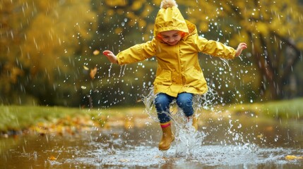 Little child in rain coat playing in rain outdoors