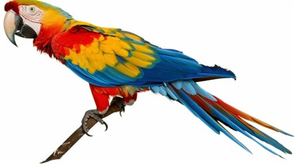 Obraz premium Stunning scarlet macaw displaying its vibrant blue, red, yellow, and green feathers while perched on a branch