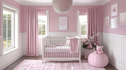 A nursery room with pink walls, white trim, and large windows with pink curtains. A white crib with pink bedding is in the center of the room, and a pink pouf is in the corner