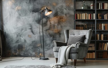 Cozy Living Room Corner With Floor Lamp, Armchair, and Bookshelf