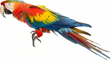 Fototapeta premium Scarlet macaw parrot is standing in profile, showing its impressive and colorful plumage