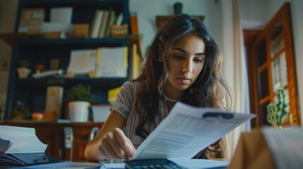 Fototapeta premium Young Latina woman working with financial documents at home A calculator must be used before paying a tax receipt online by phone. Millennial women plan budgets