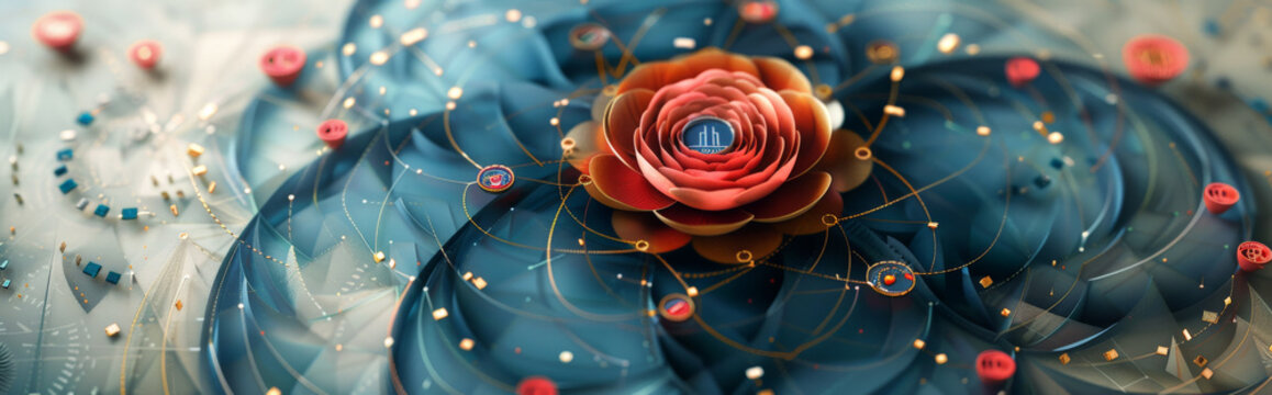 background of a geometric version of a mandala design commonly associated with Diwali, using clean lines and a restricted colour scheme to create a modern, abstract look.