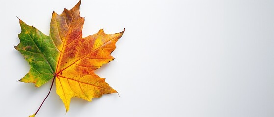Maple leaf with fall colors on a plain background, leaving space for copy