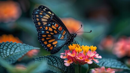 Fototapeta premium Close-up of a colorful butterfly resting on a vibrant flower, showcasing the beauty of nature.