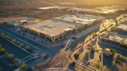 Fototapeta premium Afternoon aerial view of new shopping mall sprawl and empty lots of downtown Goodyear Arizona USA : Generative AI