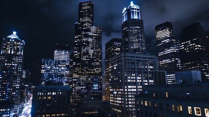 Skyscrapers Cityscape Downtown Seattle Skyline Buildings Beautiful Real Estate night time Empty rooftop View Success concept : Generative AI