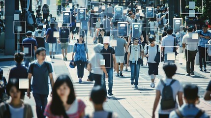 Face recognition and personal identification technologies in street surveillance cameras law enforcement control crowd of passersby with graphic elements Privacy and personal data prot : Generative AI