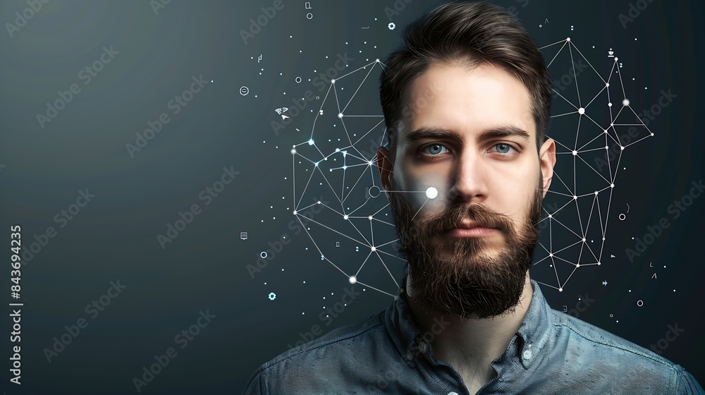 Poster Facial recognition system Man with digital biometric grid and personal data on grey background : Generative AI