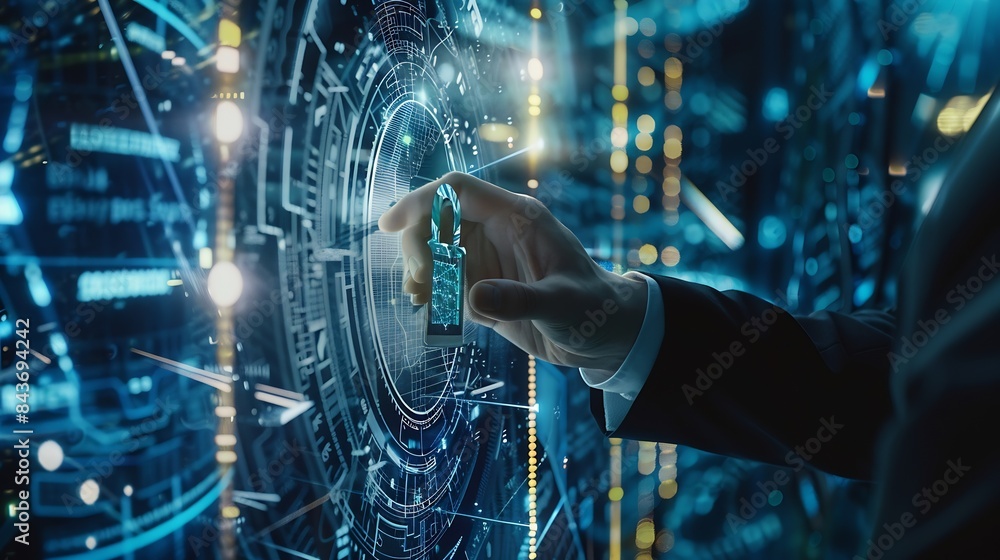 Fototapete Cyber security and data protection Businessman using  digital device protecting business data on network connection Security encryption of padlock and cybernetics Smart solution from c : Generative AI