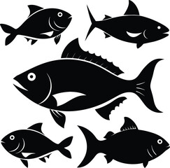 Set of black fish icon black silhouette fisheries vector