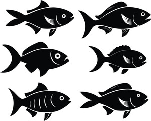 Set of black fish icon black silhouette fisheries vector