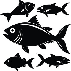Set of black fish icon black silhouette fisheries vector