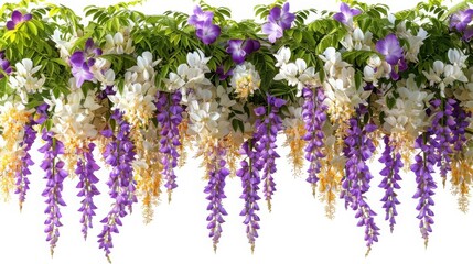 Obraz premium Beautiful cascading purple and white wisteria flowers in full bloom against a bright background, creating a serene and colorful display.