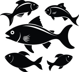 Set of black fish icon black silhouette fisheries vector