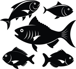Set of black fish icon black silhouette fisheries vector