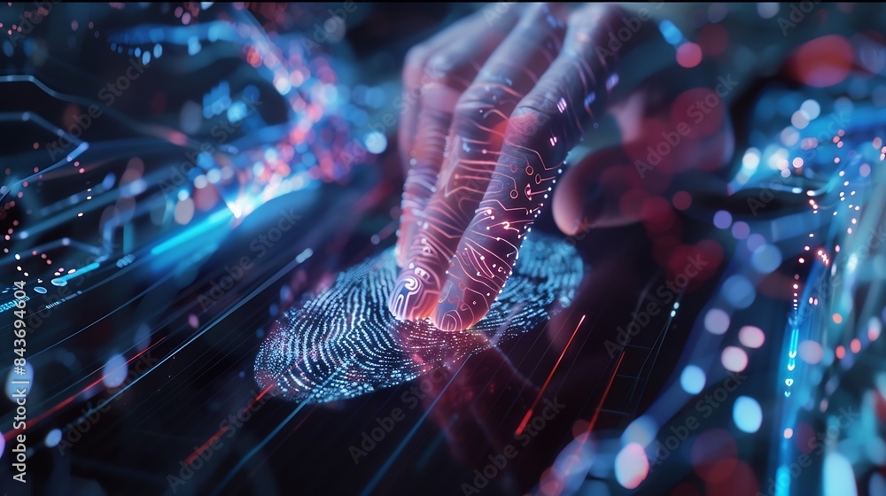 Poster Double exposure of abstract creative fingerprint hologram with hands typing on laptop on background research and development concept : Generative AI