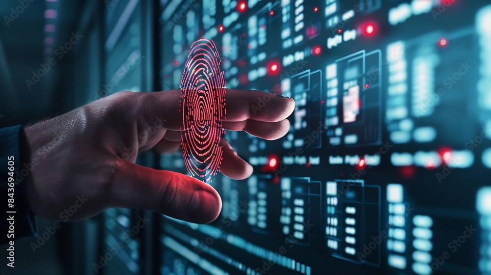 Aufkleber Cyber security system and data protection concept Man using fingerprint scanning access data with data center as background biometric identity data encryption for network security of c : Generative AI