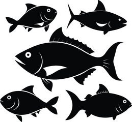 Set of black fish icon black silhouette fisheries vector