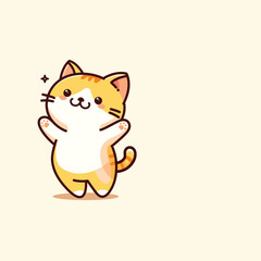 Happy yellow tabby cat standing with both hands up illustration, isolated background.