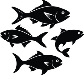 Set of black fish icon black silhouette fisheries vector
