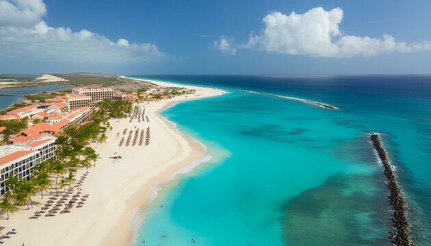 An aerial view of Aruba's famous beach, Ko Beach in Palm Beach, showcasing the white sandy shore and turquoise waters
